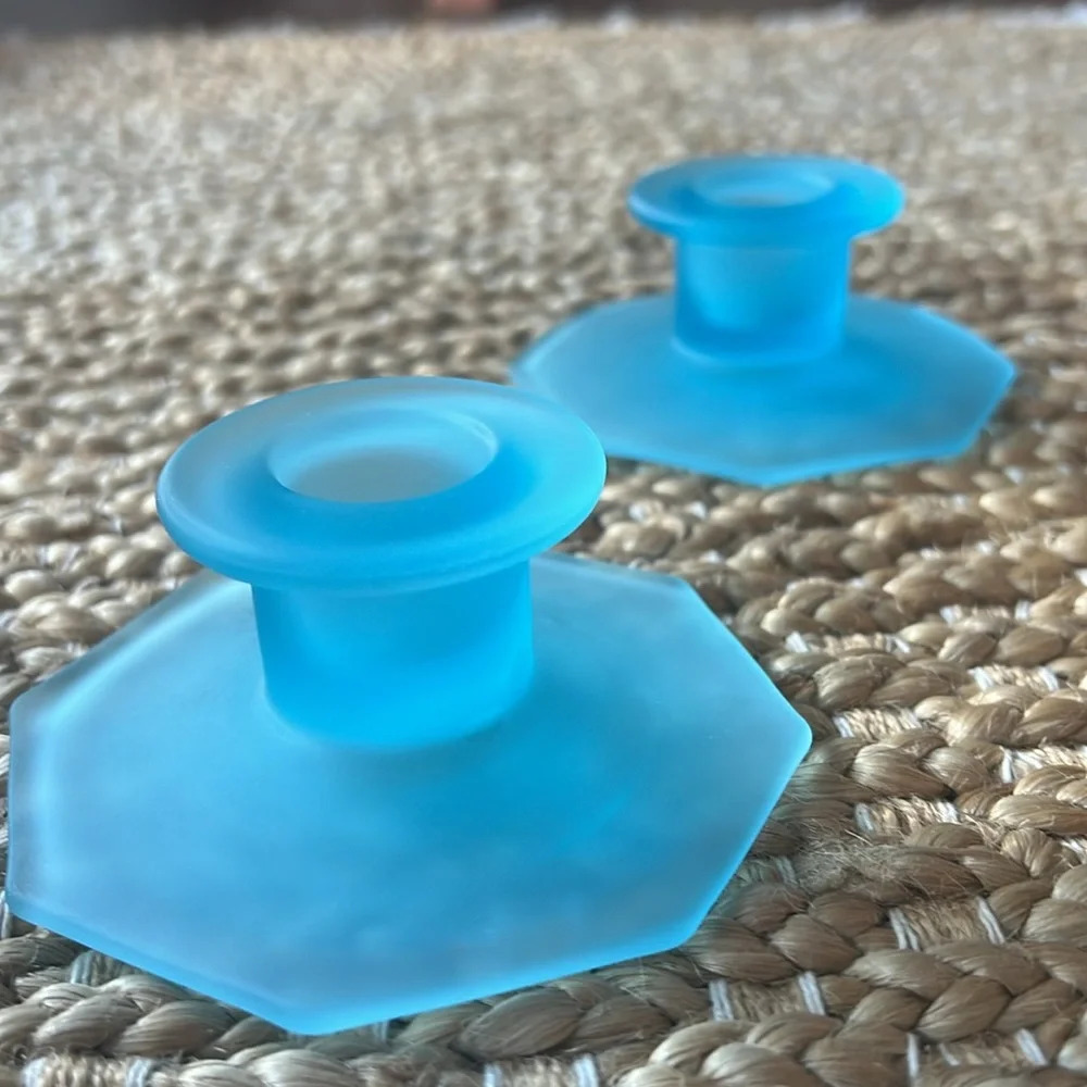 Set of 2 Octagonal Base Taper Candle Holders in Opaque Blue Glass. Beachy